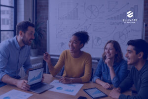 A modern office environment with a diverse team engaged in a dynamic brainstorming session. The room is filled with natural light, whiteboards covered in diagrams, and digital devices displaying charts and graphs. The atmosphere conveys energy, collaboration, and the challenges of rapid growth.